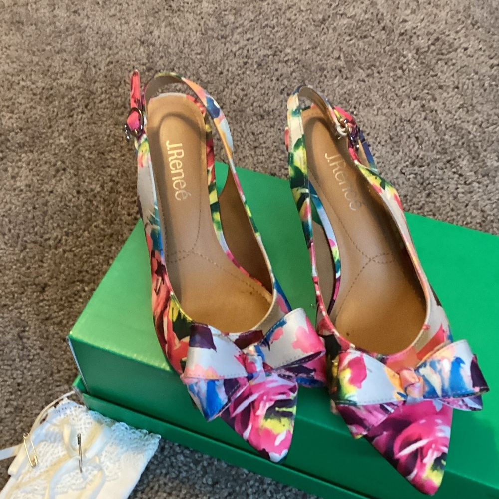J.Renee Multicolor Floral Bow Slingback Heels WORN ONLY ONCE